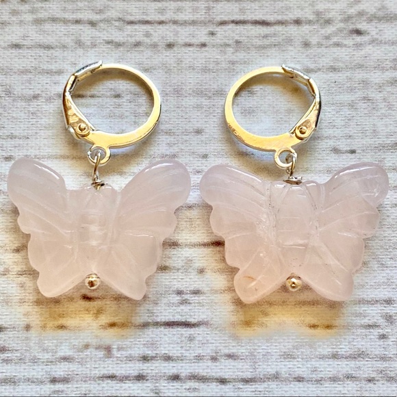 Rose Quartz Butterfly & Silver Hoops - Picture 3 of 5